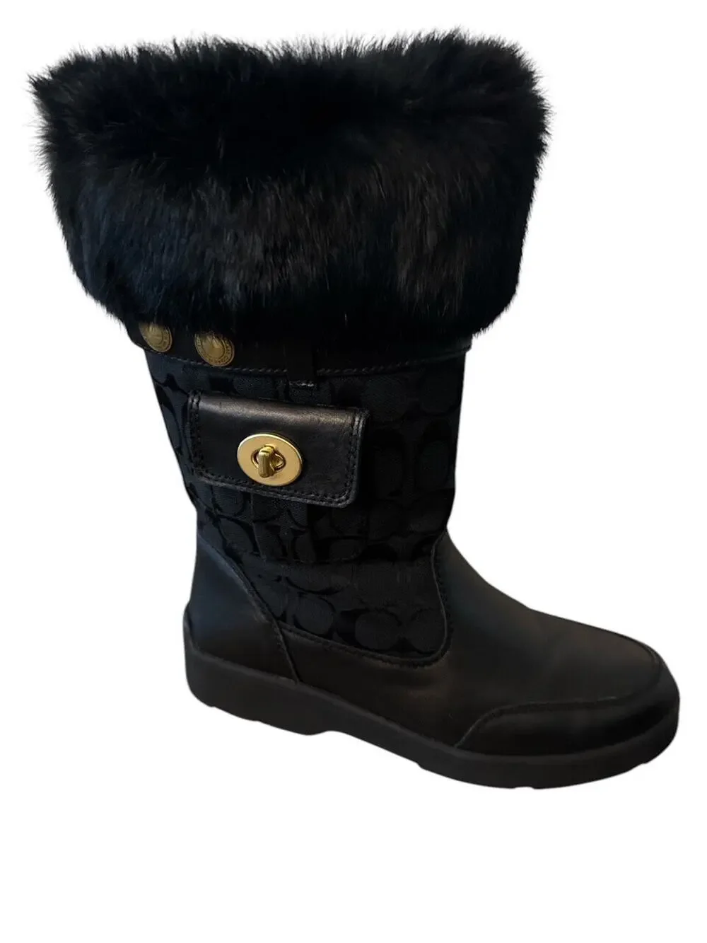 COACH Logo Turn Lock Fur Trim Boots Sz 8